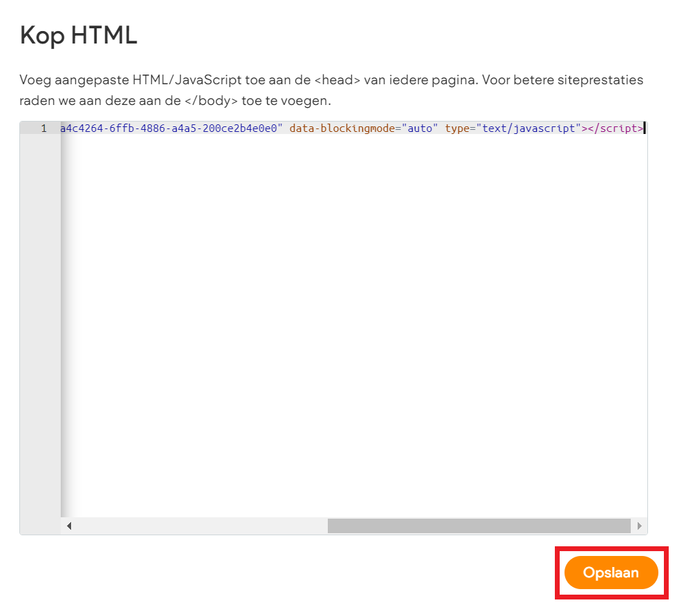 Websitemaker - SEO en instellingen - KOP HTML code - opslaan.png